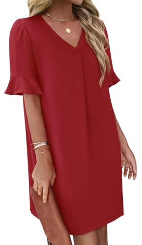 Image of OFEEFAN Summer Dresses for Women Ruffle Short Sleeve V Neck Casual Shift Dress with Pockets