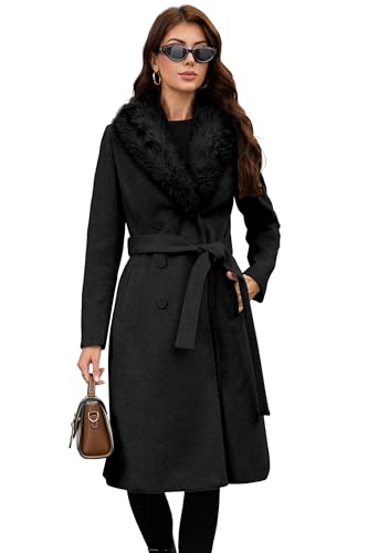 PAPILLON D'OR Langer Damenmantel aus Wolle - Zweireihiger Trenchcoat mit Gürtel und abnehmbarem Kunstfellkragen (DE/NL/SE/PL, Alpha, M, Regular, Regular, Schwarz)