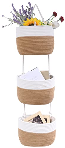 Image of Over the Door Hanging Baskets for organizing, 3-Tier over the door Storage Organizer, wall Hanging organizer, Decorative Hanging Wall Basket for Bathroom, Back of Door Storage Organizer (White-brown)