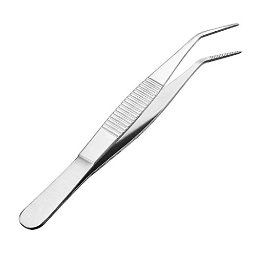 Sourcingmap 5-Inch Stainless Steel Tweezers with Curved Pointed Serrated Tip, Silver