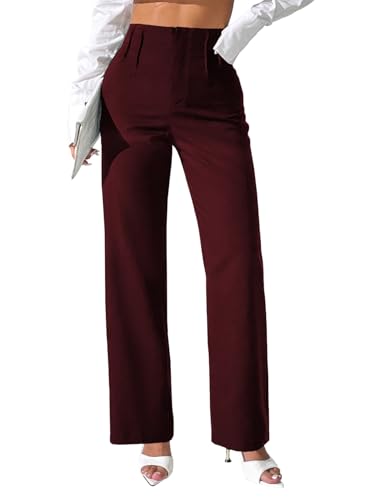 Pink Queen Womens Dress Pants Tummy Control Pull on Womens Slacks for Work Straight Leg High Waisted Trousers Dress Pants Bootcut Office Business Casual Black Slacks Burgundy S
