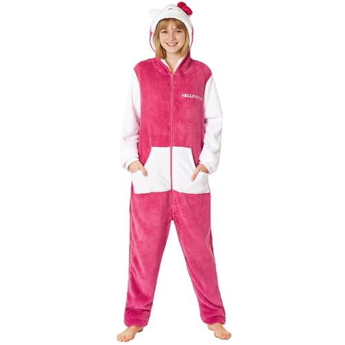 Hello Kitty Sanrio One Piece Pajamas for Girls Teens Kawaii Loungewear Zip Up Sleepwear Jumpsuit Lounge PJs Gifts for Girls (9-10 Years Red Hello Kitty)