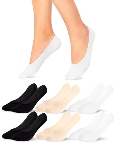 sockenkauf24 Füßlinge Damen Ballerina Socken Schwarz/Weiß/Beige 39-42 Antirutsch mit Silikonpad 6 Paar Baumwolle