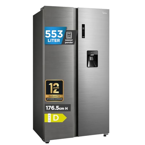 Midea Side-by-Side Kühlschrank 553L, mit Wasserspender ohne Festanschluss, Inverter Kompressor, No Frost, 360° Multi Air Flow, SuperCool & SuperFreeze, 37 dB leise, Steel Gray MDRS710FGD46