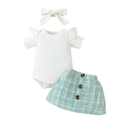Image of Toddler Girls Summer Dresses Short Sleeve Ruffle Rompers Ribbed Bodysuit Gold Silk Plaid Skirt Handband Baby 3Pcs