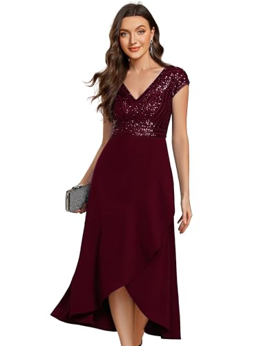 Image of Ever-Pretty Women's Elegant V Neck Sequin Short Sleeve Hi-Lo Tea Length Evening Gowns 02325