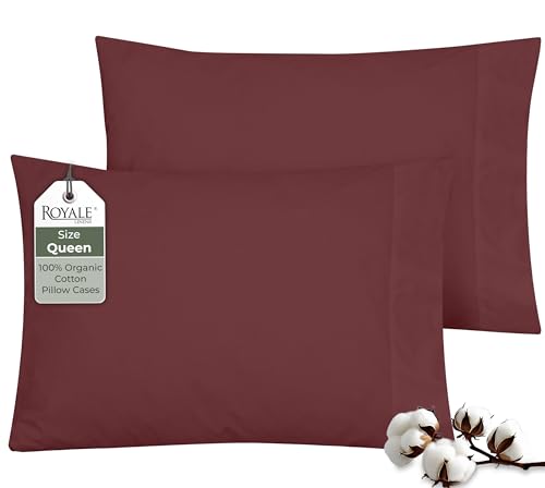 Image of ROYALE LINENS 100% Organic Cotton Percale Pillowcases Set of 2 - Queen Size Percale Pillowcase - Queen Set of 2 Pillow Cover - Breathable, Cool & Crisp Pillow Cases (20 inchx30 inch, Red)