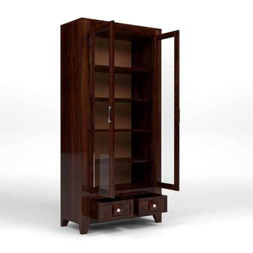 Image of Solid Sheesham Wood Book Cabinet with Acrylic Glass Doors | Rosewood Display Storage Unit with Shelves & Drawers for Home & Office | Louge (A-Walnut)