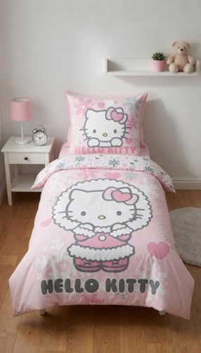 Housse de couette Hello Kitty réversible en coton doux rose flocons - 2