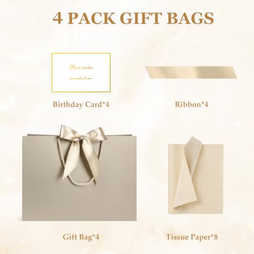 Image of JMANNI Gift Bags with Handles, 13 inch Medium Gift Bag for Presents, 4 Pcs Bags with 8 Tissue Paper and 4 Cards for Graduation Baby Shower Wedding Fathers Day Mother's Day Birthday Party(Champagne)