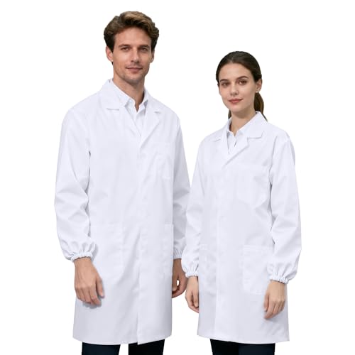 JXCTNNU Bata de Laboratorio Blanca Hombre Mujer Bata Blanca Manga Larga Uniformes con Bolsillos y Botones (S(160-165CM))