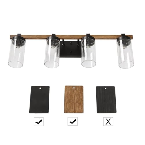 Image of Farmhouse Bathroom Vanity Light Fixtures, 4-Light Large Faux Wood Bathroom Lights Over Mirror, 28 inch Rustic Vanity Lights for Bathroom with Seeded Glass Shade