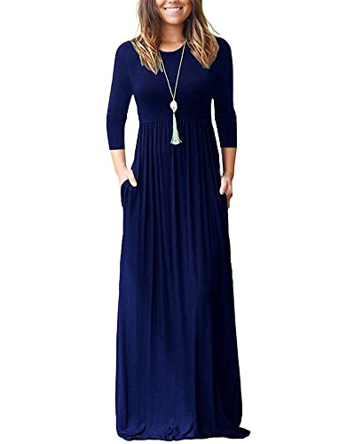 WNEEDU Maxikleid Damen Herbst 3/4 Ärmel Kleid Lang Elegant mit Taschen Curvy Lässige Herbstkleid Winterkleid Marineblau XL