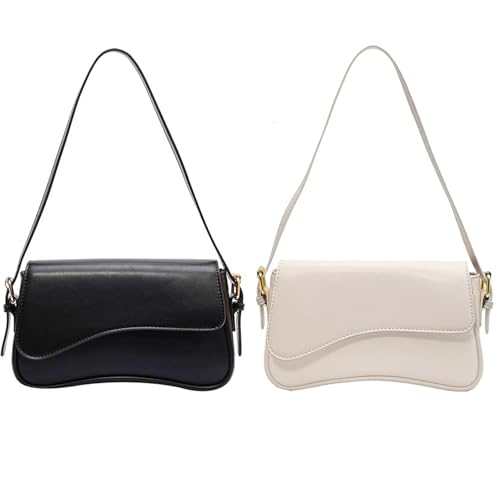 2 Pcs Black & White Shoulder Bag for Women Y2K Trendy Purse Vegan Leather Hobo Handbags