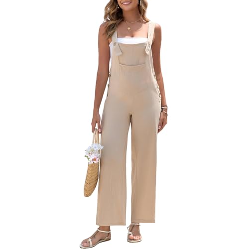 HOTIAN Latzhose Damen Leinen Sommer Elegant Jumpsuit Leinenhose Lang Casual Lose Overall mit Große Taschen Bib Pants Beige L