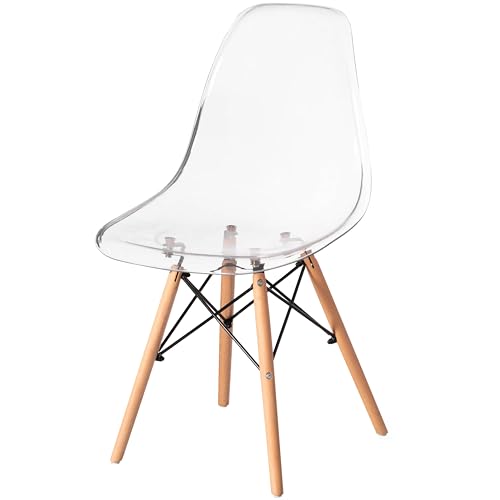 Fabulaxe Mid-Century Modern Style Dining Chair with Wooden Dowel Eiffel Legs DSW Transparent Plastic Shell Accent Chair (Clear)