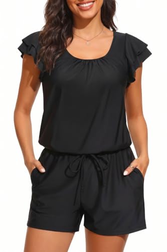 Tempt Me Women One Piece Romper Swimsuit - Bathing Suit with Shorts 2027 Swimwear Black M