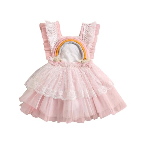Image of Newborn Baby Girl Clothes Sleeveless Square Neck Rainbow Patch Frill Princess Layered Mesh Romper Dress (A Pink, 3-6 Months)