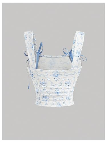 MakeMeChic Women's Floral Bow Wide Strap Cami Top Ruched Sleeveless Tank Crop Tops2