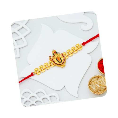 Image of eCraftIndia Golden Red Religious Shrinathji Rakhi for Brother | Raksha Bandhan Rakhi for Bhai Bhaiya
