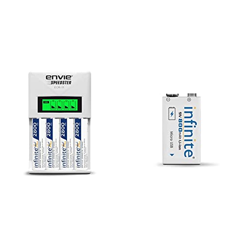 Image of ENVIE (ECR11+AA2800 4PL) Speedster Rechargeable Batteries Charger for AA & AAA with 4x2800mah Batteries (with LCD Display) & Infinite 9V 800 maH Li-ion Rechargeable Battery ERB 9V MU