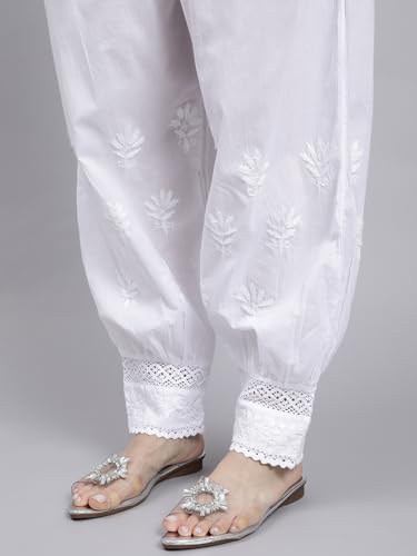 Image of Seva Chikan Hand Embroidered Lucknowi Chikankari White Cotton Afghani Salwar for Women SCL11030