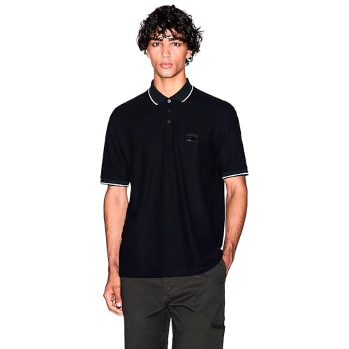 Image of Armani Exchange Men's Short-Sleeved Side Logo Patch Three-Button Collar Polo Shirt, Black, M