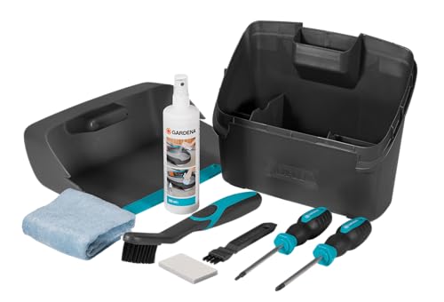 Gardena Wartungs- und Reinigungsset: Zubehörset für die Reinigung und Instandhaltung von Gardena Mähroboter, mit Schleifpad, Bürsten, Kunststoff-Pflegespray und Schraubenzieher (4067-20)