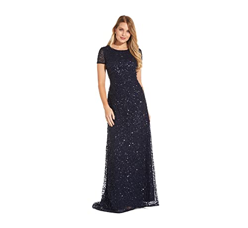 Adrianna Papell Women's Short Sleeve All Over Sequin Gown, Navy, 12