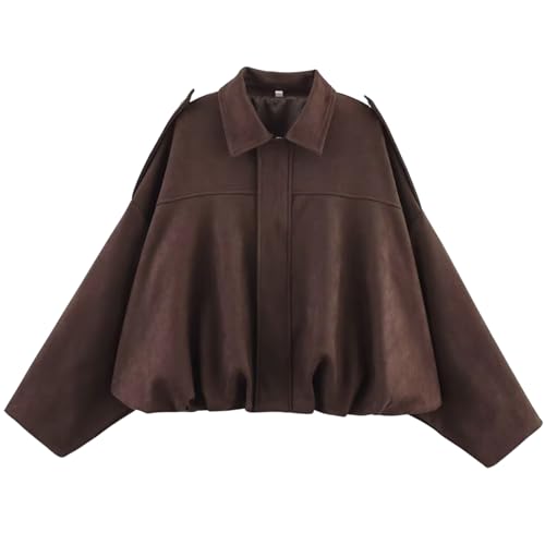 IjnUhb Womens Oversized Faux Suede Bomber Jacket Cropped Barn Style Lapel Coat Casual Streetwear for Fall Spring