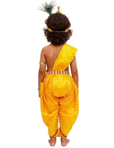 Image of BookMyCostume Polyester Krishna Yellow Polka Dot Costume Dhoti Patka with Heavy Pearl Jewellery and Mukut Set - Janmashtami Dress Costume for Baby Kanha - Boys & Girls 6-12 Months