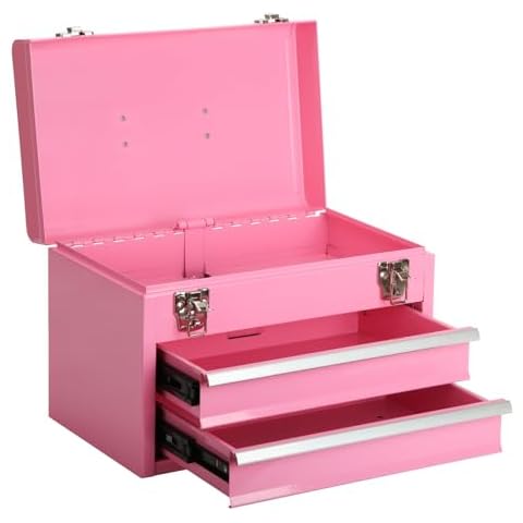 14 Inch Steel Portable Tool Box with drawers - Tool Storage Box Organizer with Metal Latch Closur - Powder Coated Toolbox Chest for Tools Storage Cabinet (PINK) Cover