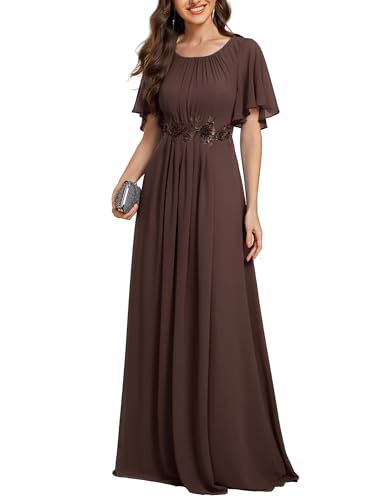 Image of Ever-Pretty Women's Classic Round Neck Pleated Short Sleeves Chiffon Appliques Floor Length A Line Formal Evening Dresses