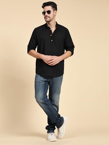 Image of SKAVIJ Men Solid Cotton Long Sleeve Casual Henley Kurta Shirt