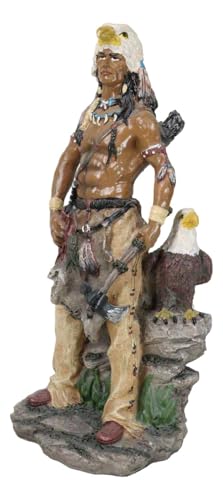 Ebros Gift 10\" H Native American Sky Mountain Indian Tribal Eagle Warrior Hunter Chief Holding Axe Accompanied by Bald Eagle Bird Figurine As Home Decor Sculpture Cultural Heritage History Sculpture