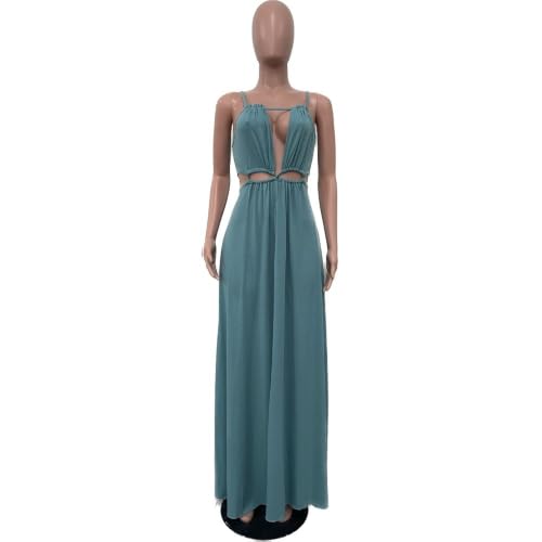 Image of Yeshire Womens Summer Spaghetti Strap Maxi Dress Sleeveless Sexy Cutout Drawstring Boho Beach Vacation Party Dresses