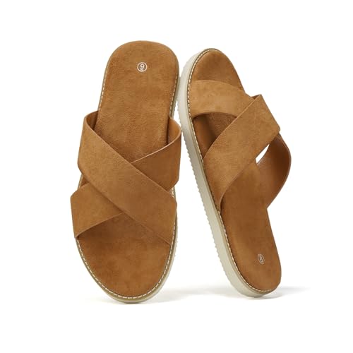 Summer Men Sandals for Suede, Comfortable Flats with Memory Foam Insole, EVA Outsole Non-Slip Casual Fashion X-Slides
