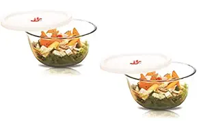 SignoraWare Borosilicate Glass Mixing Bowls and Serving Bowls Set with Lid and Steam release Knob, Micro Wave Oven Safe (500ml+500ml, Set Of 2 Piece, Transparent Clear)