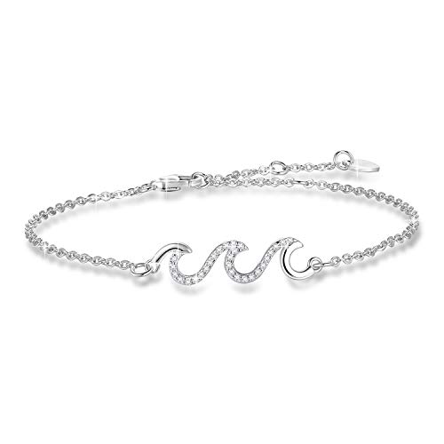 925 Sterling Silver Wave Bracelet Anklet for Women 14K White Gold Plated Adjustable Cubic Zirconia Beach Ocean Anklet Large Bracelet Hypoallergenic Wave Jewelry Gift for Festival Vacation