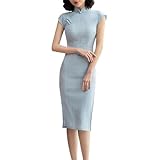 Women's Striped Midi Cheongsam Short Sleeve Mandarin Collar Chinese Dress Summer Daily Wear (365# Light Blue, M)
