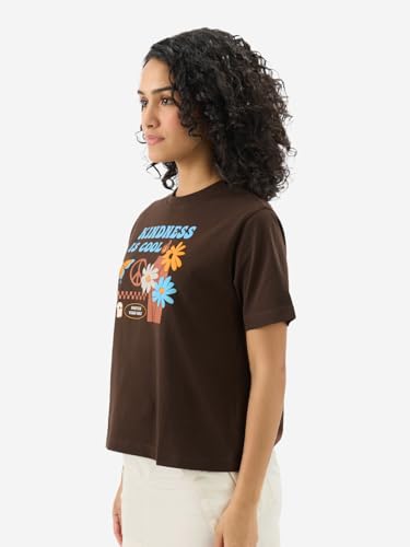 Image of The Souled Store Originals: Kindness is Cool Women and Girls Short Sleeve Round Neck Brown Graphic Printed Regular Fit Cotton T-Shirts