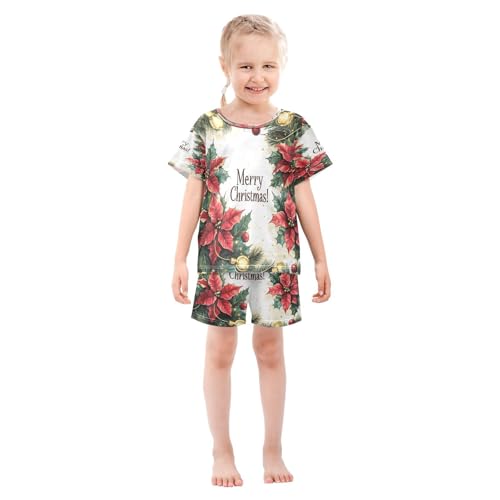 ALAZA Poinsettias Merry Christmas Ball Pajamas Set Short Sleeve Cotton Sleepwear Summer Pjs 2 Piece 5-14Y3