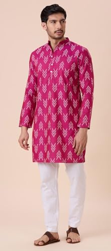Image of Studio Shringaar Men's Cotton Blend Relaxed Fit Ikat Printed Knee Length Kurta