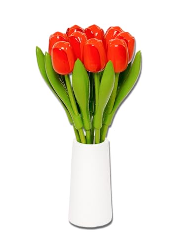 MomoMoments Bouquet di tulipani in legno arancione/rosso con vaso di legno bianco, 9 tulipani in legno, 34 cm di altezza, dipinto a mano, bouquet, fiori in legno, regalo da donna, made in Olanda