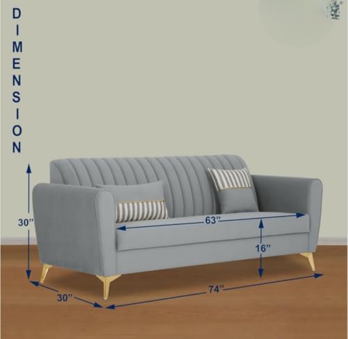 Image of MS Luxury FURNITRE Premium Luster 3-1-1 Sofa Set | Velvet Suede Fabric | 5 Colors and Golden Legs & Striped Pattern Cushion (Grey, 3+1+1)