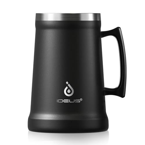 Image of Ideus Insulated Beer Stein, 24 /32oz Stainless Steel Double Walled Beer Mug Giant Bar Drinkware Metal Beer Cup with Big Grip Handle (Black, 34oz (1,000ml))