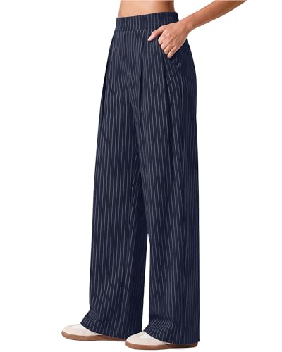 G4Free Dress Pants Women Wide Leg High Waist Dark Navy Pinstripe,S,Regular