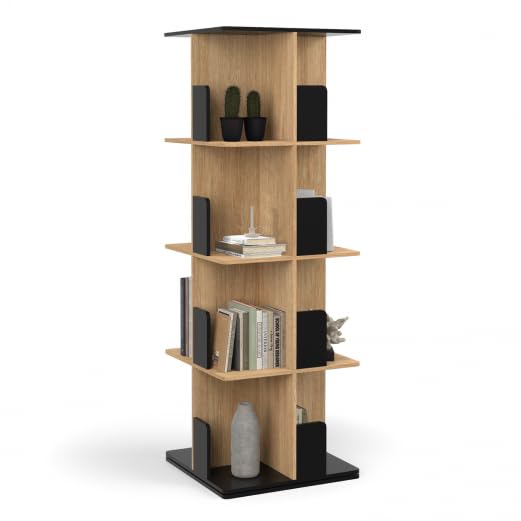 IDMarket – Estantería giratoria de 4 niveles RAPHA negro y efecto madera