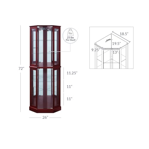 Image of BELLEZE Lighted Corner Display Curio Cabinet Wooden Curved Shelving Unit with Tempered Glass Door, Bar and Liquor Storage Area with 6 Shelves - Ashfield (Cherry)