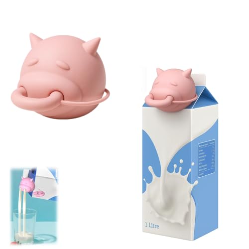 Cow Head Milk Carton Cap Leak Proof Pour Spout Dispenser for Milk Boxes, Funny Cow Milk Pourer Lid, Silicone Reusable Milk Cap for Cartons (pink)